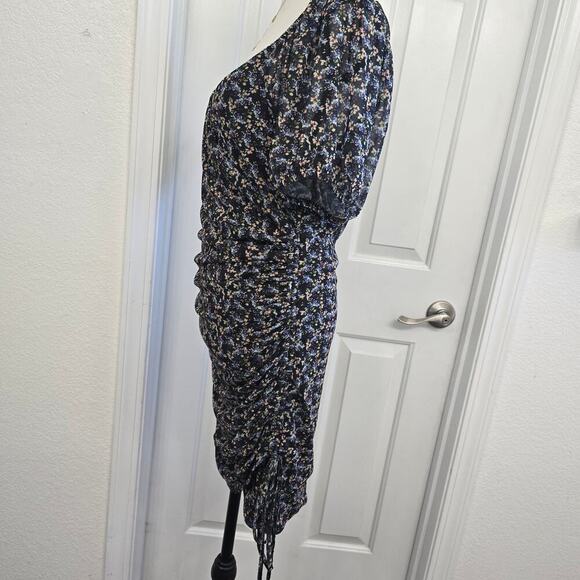 Free People Floral Ruched Puff Sleeve Mini Dress Black Blue Boho Romantic M - Picture 4 of 10